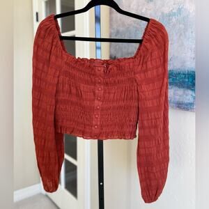 Gianni Bini Smocked Button Front Crop Top Rust Textured Long Sleeve Womens Small
